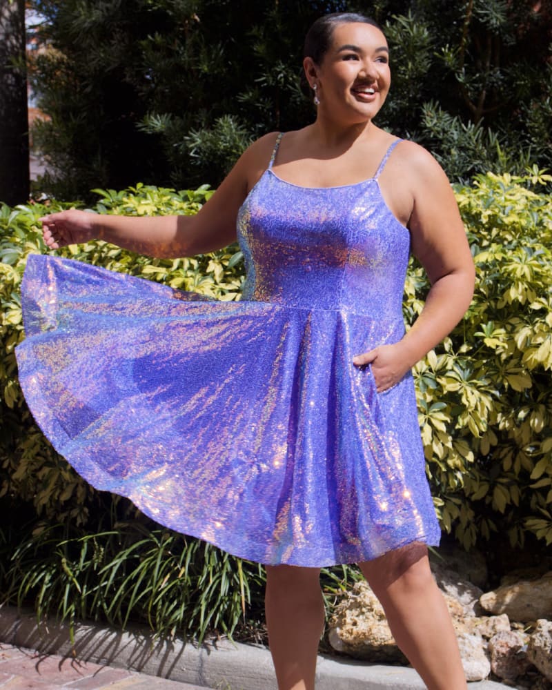 Front of a model wearing a size 32 Shade Shifter Homecoming Dress in Polar Purple by Sydney's Closet. | dia_product_style_image_id:286709